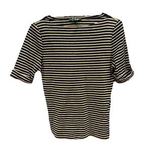 Striped blue and gold knit Top polo Ralph Lauren M shirt nautical elbow sleeve